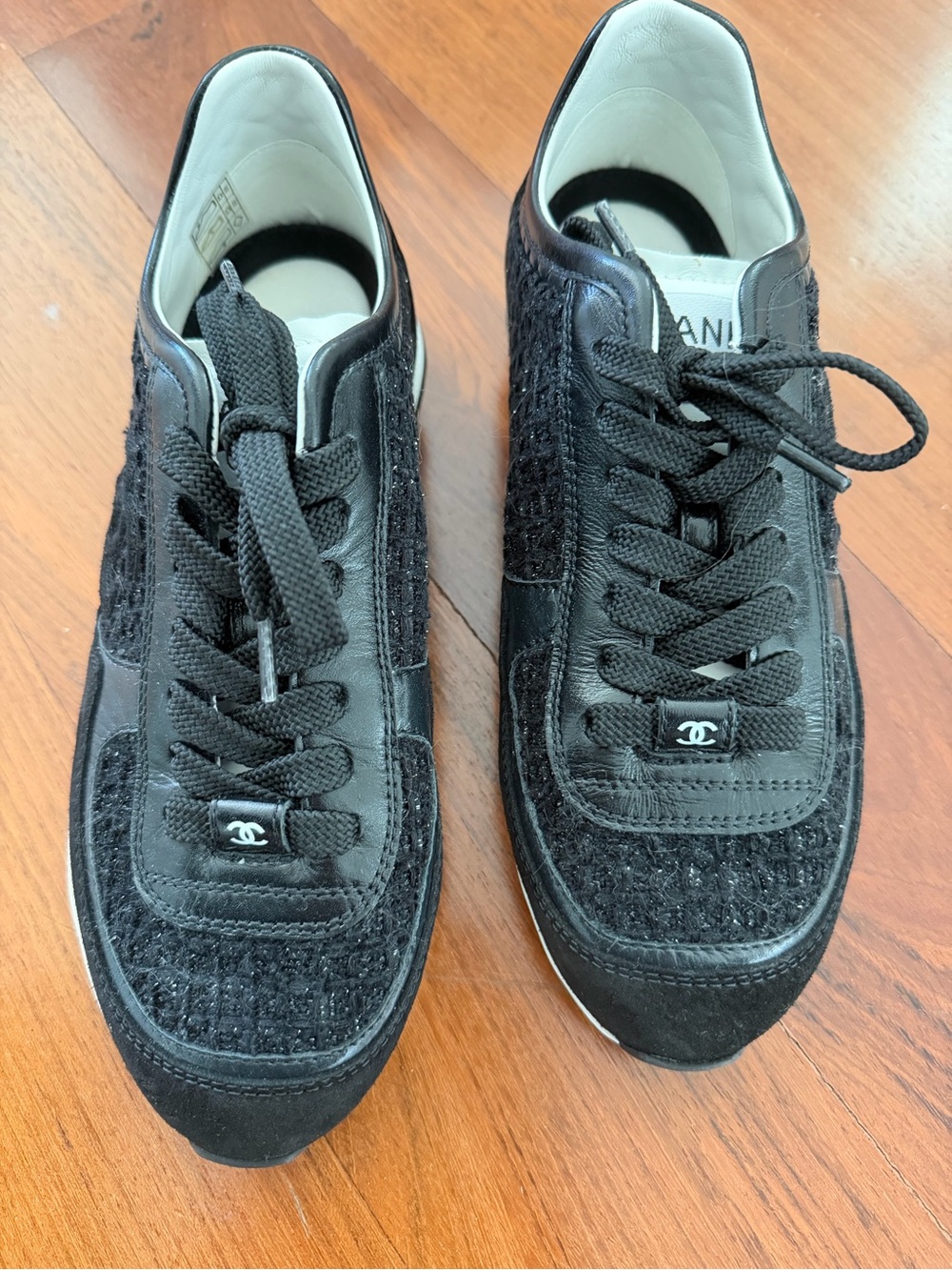 CHANEL Black Tweed & Leather Low-Top Sneakers